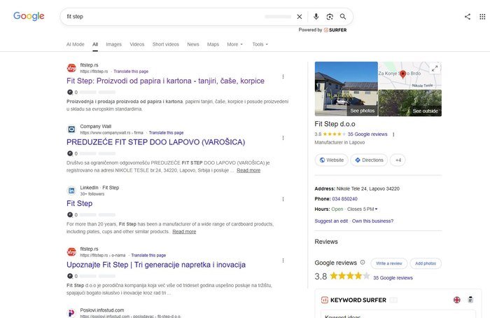 Google pretraga FitStep sa prvim organskim rezultatom fitstep.rs