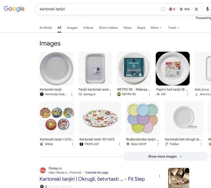 Google pretraga kartonski tanjiri sa FitStep rezultatom ispod bloka slika
