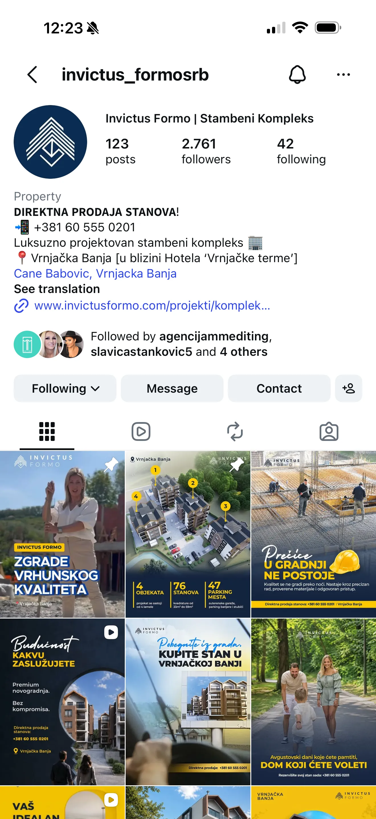 Instagram profil Invictus Formo sa predstavljanjem stambenog kompleksa