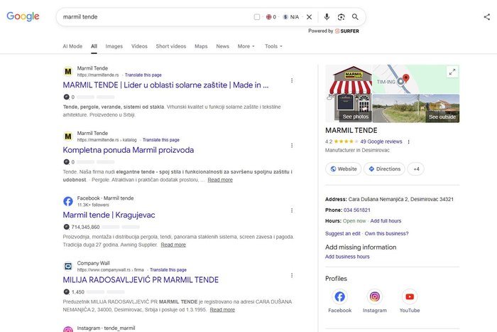 Google pretraga marmil tende sa prvim organskim rezultatom