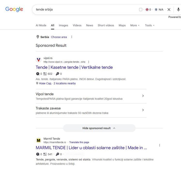 Marmil kao prvi organski rezultat za tende srbija ispod sponzorisanog oglasa