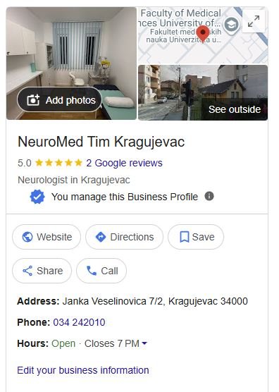 Google poslovni profil NeuroMed Tim sa adresom, telefonom, fotografijama i mapom