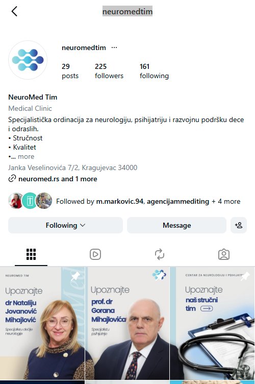 Izgled Instagram profila NeuroMed Tim sa predstavljanjem stručnjaka