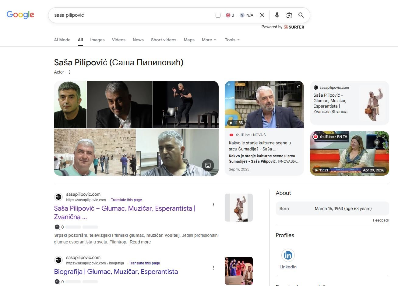 Google rezultati za sasa pilipovic: zvanični sajt je prvi tekstualni organski rezultat ispod multimedijalnog bloka